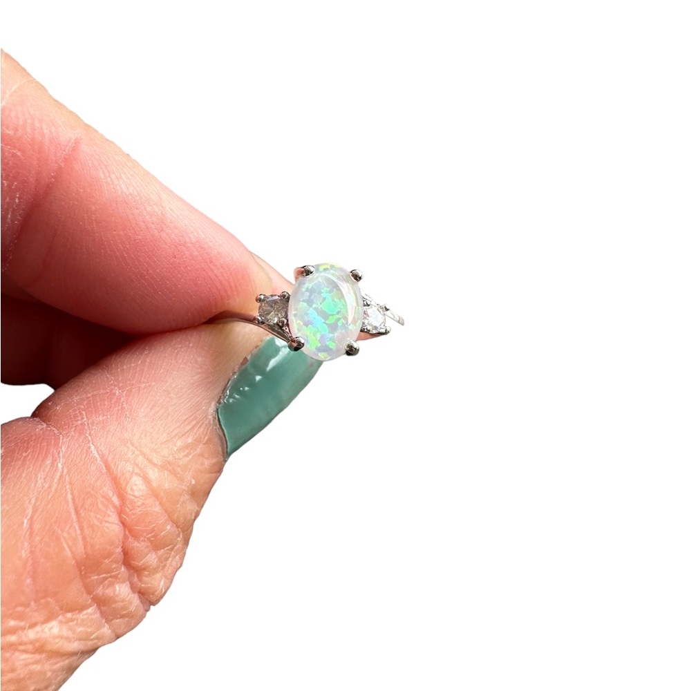 Opal Solitaire Silver Ring With Diamond Rhineston… - image 7